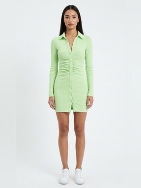 Miss Lola Neon Green Ruched Button Front Mini Dress Size S